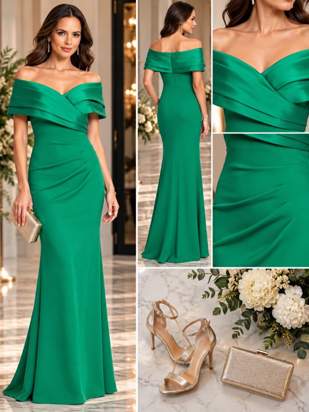 Betsy & Adam Emerald Green Off Shoulder Formal Gown Size 8 NWT